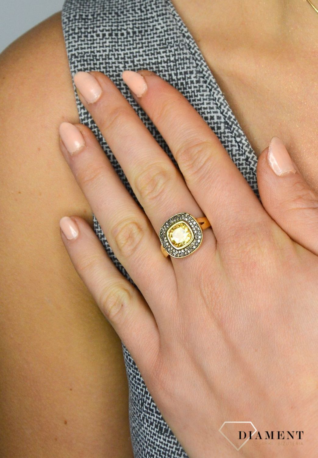 Złota pierścionek DIAMENT cytryn, diamenty R 2354CTCH.jpg